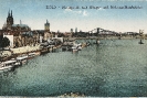Rheinpartie mit Hängebrücke und Hohenzollernbrücke, Köln, historische Ansichtskarte, 1924